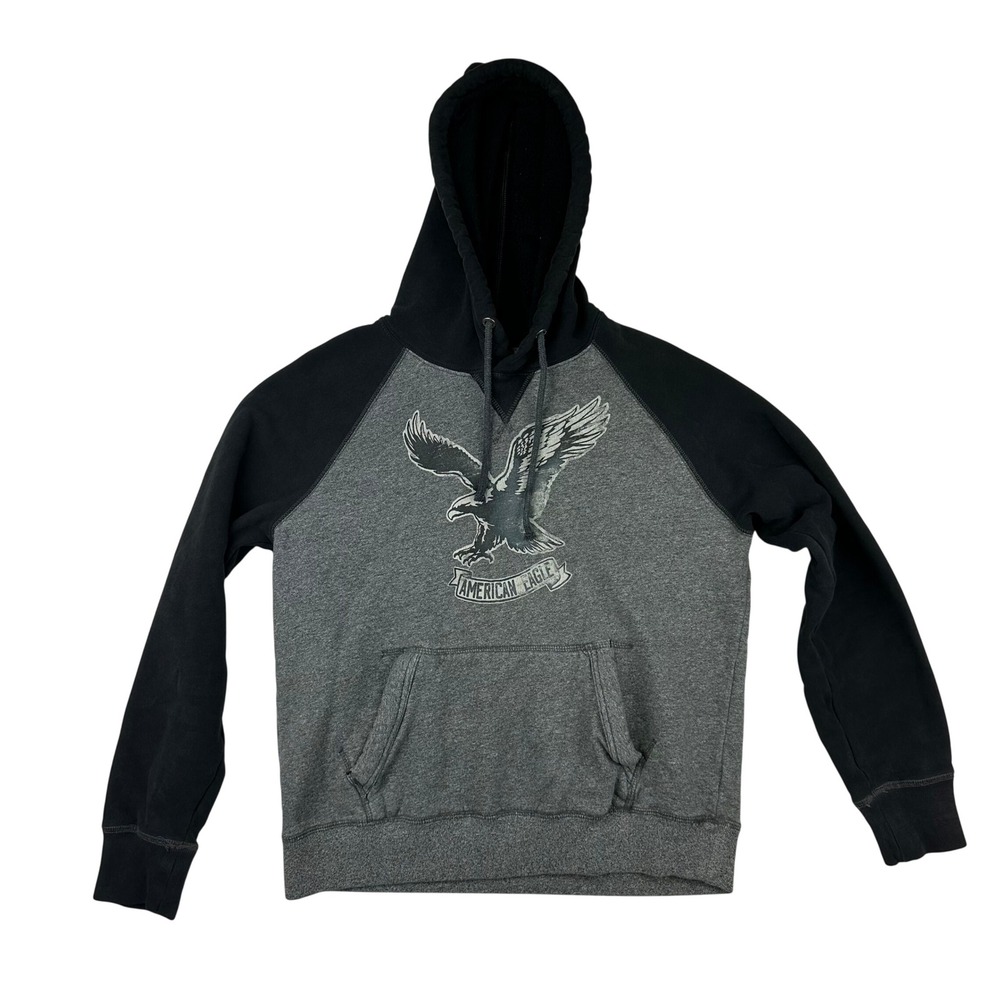 American Eagle Men's Vintage Graphic Hoodie‎ Gray Black Raglan Size S